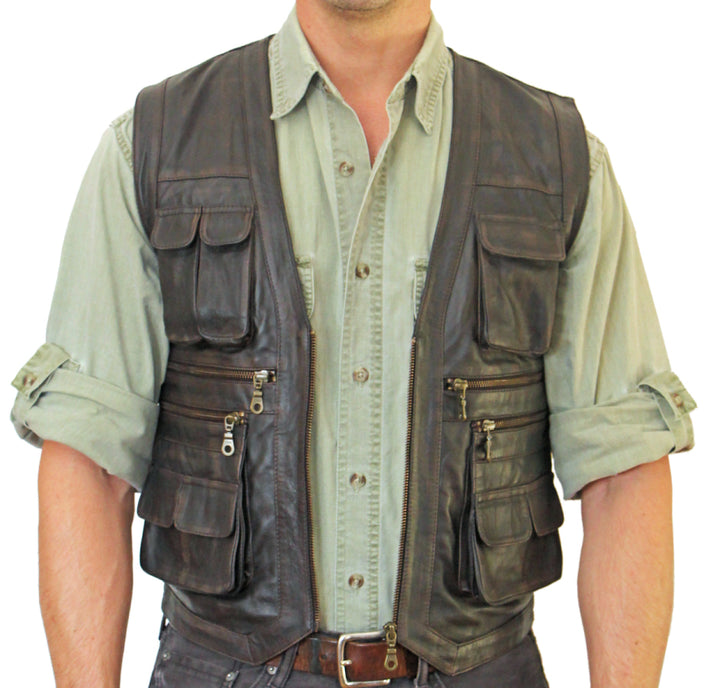 Men's Real Sheepskin Rub Off Leather Safari-Style Vest Features Several Front Pockets, Some With Flaps, Mens Fashion, Gift For Him
