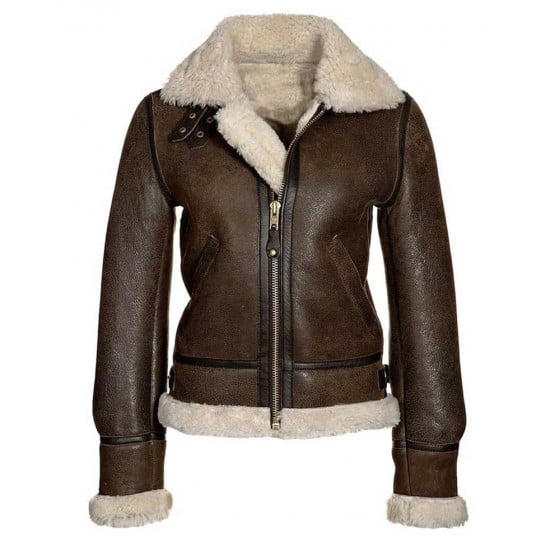 Women Real Sheepskin B3 Brown Bomber Leather Jacket With Faux Shearling Jacket