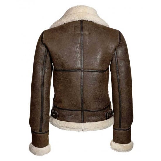 Women Real Sheepskin B3 Brown Bomber Leather Jacket With Faux Shearling Jacket
