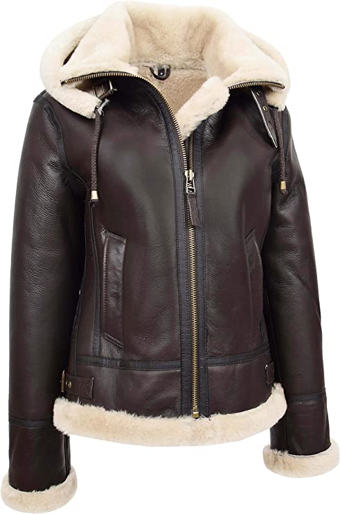 Women's Handmade Real Brown Shearling Bomber Leather Jacket With Detachable Hood | Womens B3 RAF Bomber Jacket | Womens Aviator Jacket