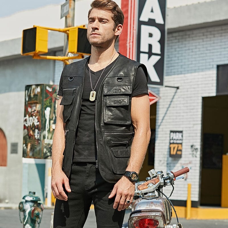 Men's Black Retro Motorcycle Leather Vest