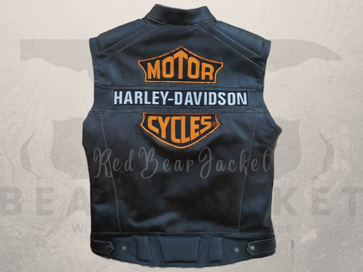 Men's H-D Triple Vent Passing Link Real Cowhide Motorcycle Leather Vest With Fully White And Orange Embroidered Patches