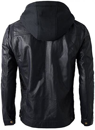 Men's Biker Removable Hooded Black Leather Jacket