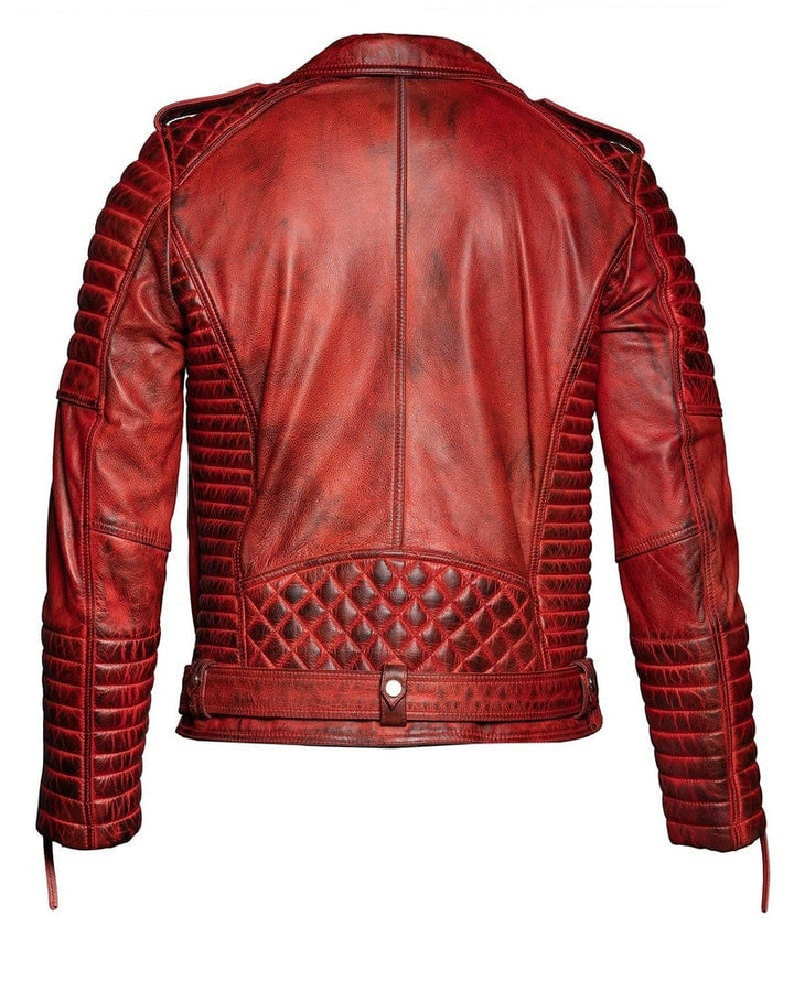 Men's Real Handmade Sheepskin Red Quilted Motorcycle Leather Jacket
