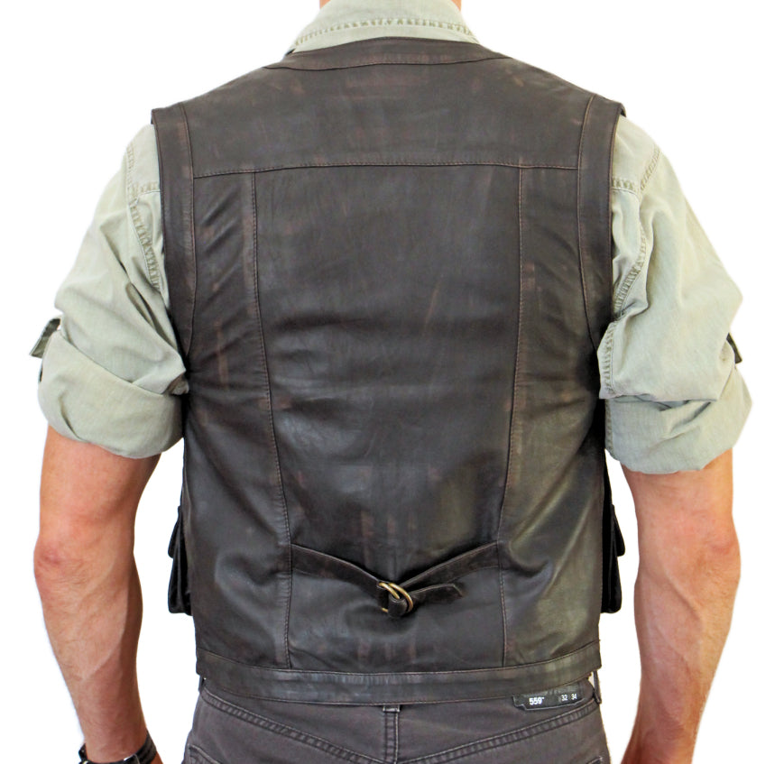 Men's Real Sheepskin Rub Off Leather Safari-Style Vest Features Several Front Pockets, Some With Flaps, Mens Fashion, Gift For Him