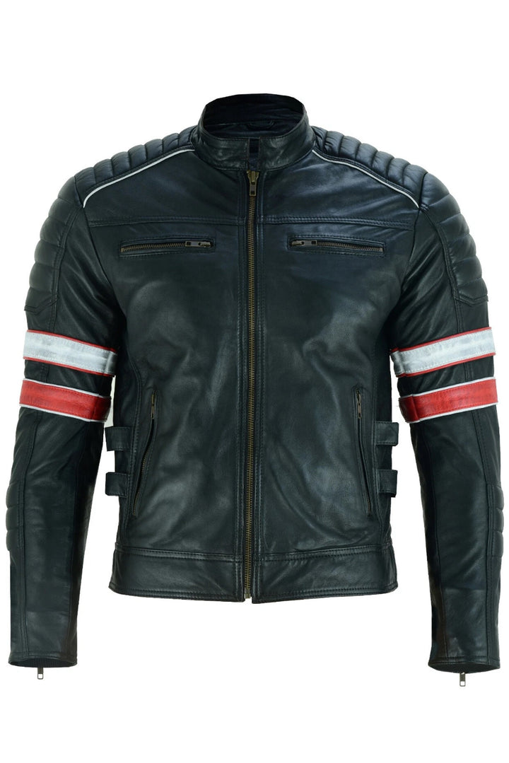 Cafe Racer Black Leather Jacket with Red and White Stripes