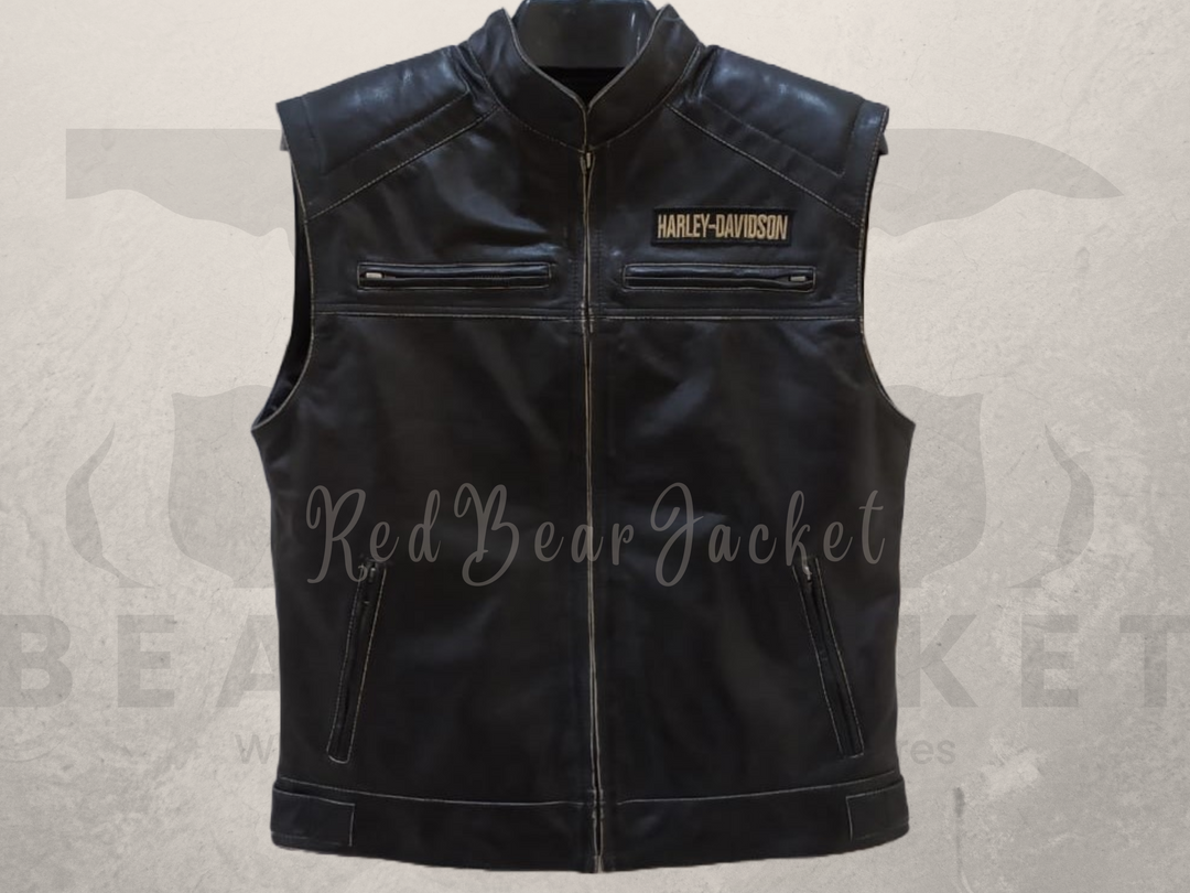 Men's H-D Triple Vent Passing Link Real Cowhide Motorcycle Leather Vest With Fully Grey And Golden Embroidered Patches