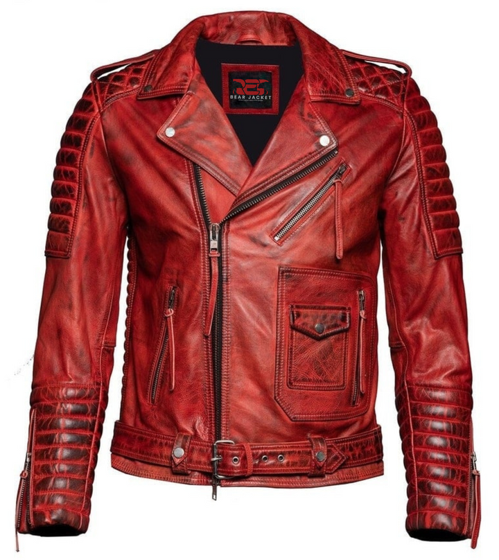 Men's Real Handmade Sheepskin Red Quilted Motorcycle Leather Jacket
