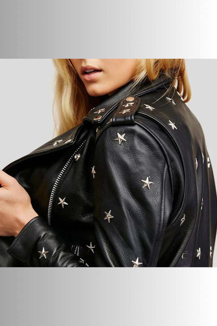 Womens Real Handmade Leather Jacket-Leather Jacket Womens-Star Studded Leather Jacket-Stars Leather Jacket-Women Leather Jacket-Black Jacket