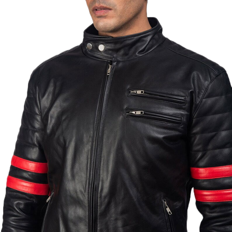 Men's Handmade Real Motorcycle Leather Jacket-Men's Genuine Black Sheepskin With Red Stripes Leather Jacket-Men Biker Leather Jacket-Men Leather Jacket