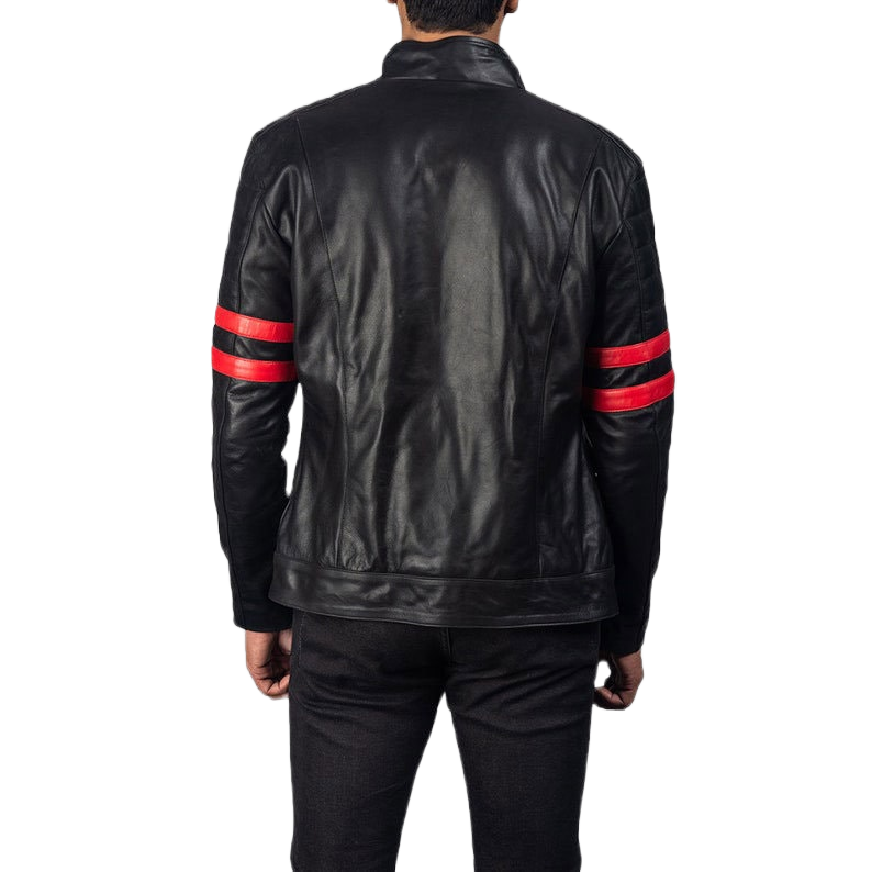 Men's Handmade Real Motorcycle Leather Jacket-Men's Genuine Black Sheepskin With Red Stripes Leather Jacket-Men Biker Leather Jacket-Men Leather Jacket