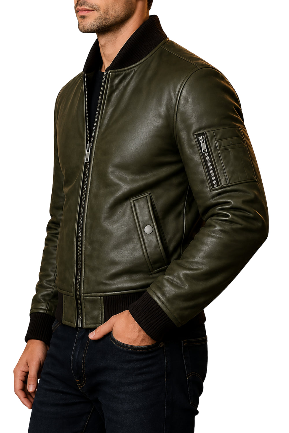 Olive Green Leather Bomber Jacket