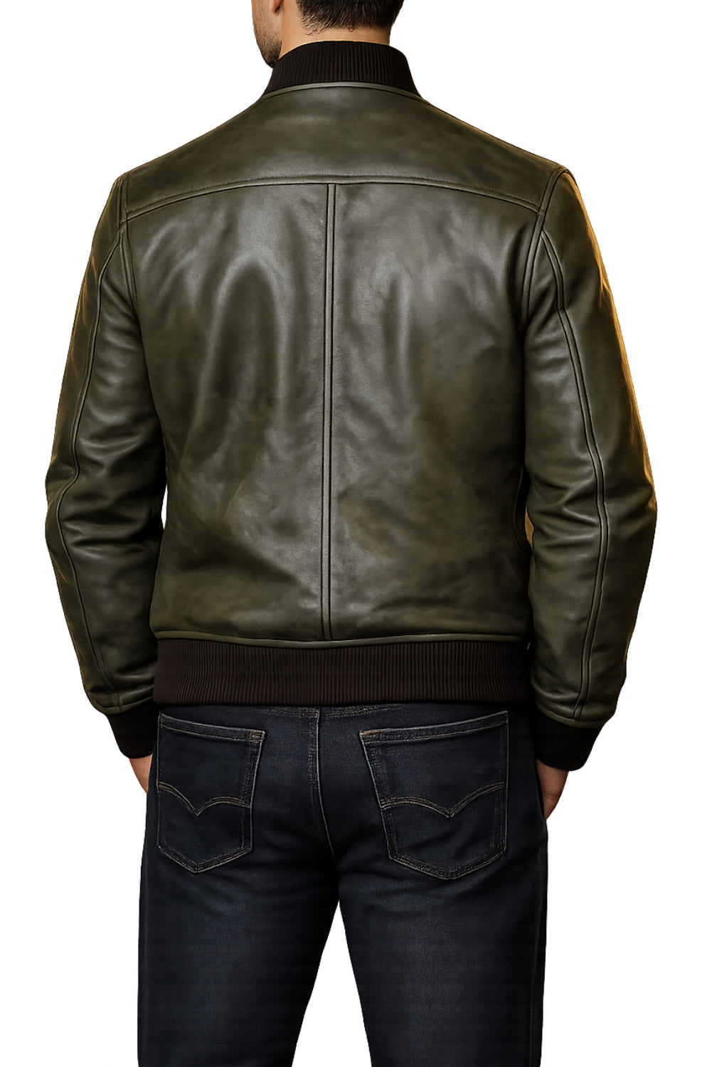 Olive Green Leather Bomber Jacket For Men