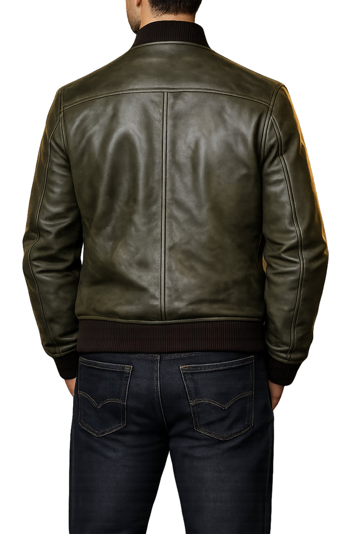 Olive Green Leather Bomber Jacket For Men