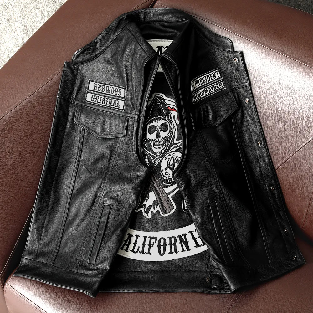 Sons Of Anarchy Vest | California Vest | Charlie Hunnam | Sons of Anarchy Motorcycle Club's Redwood | SAMCRO Vest | Motorcycle Leather Vest