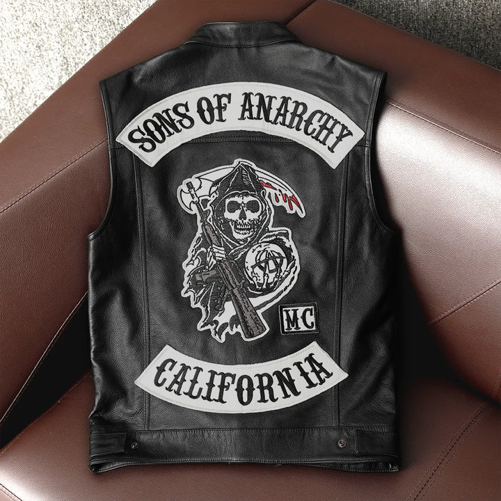 Chaleco Hijos de la Anarquía | Chaleco California | Charlie Hunnam | Redwood del Sons of Anarchy Motorcycle Club | Chaleco SAMCRO | Chaleco de cuero para motocicleta