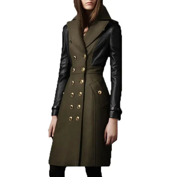 Women's Trench Coat With Original Green Wool And Lambskin | Women Long OverCoat | Women Long Trench Coat | Christmas Day Gift | Winter Coat
