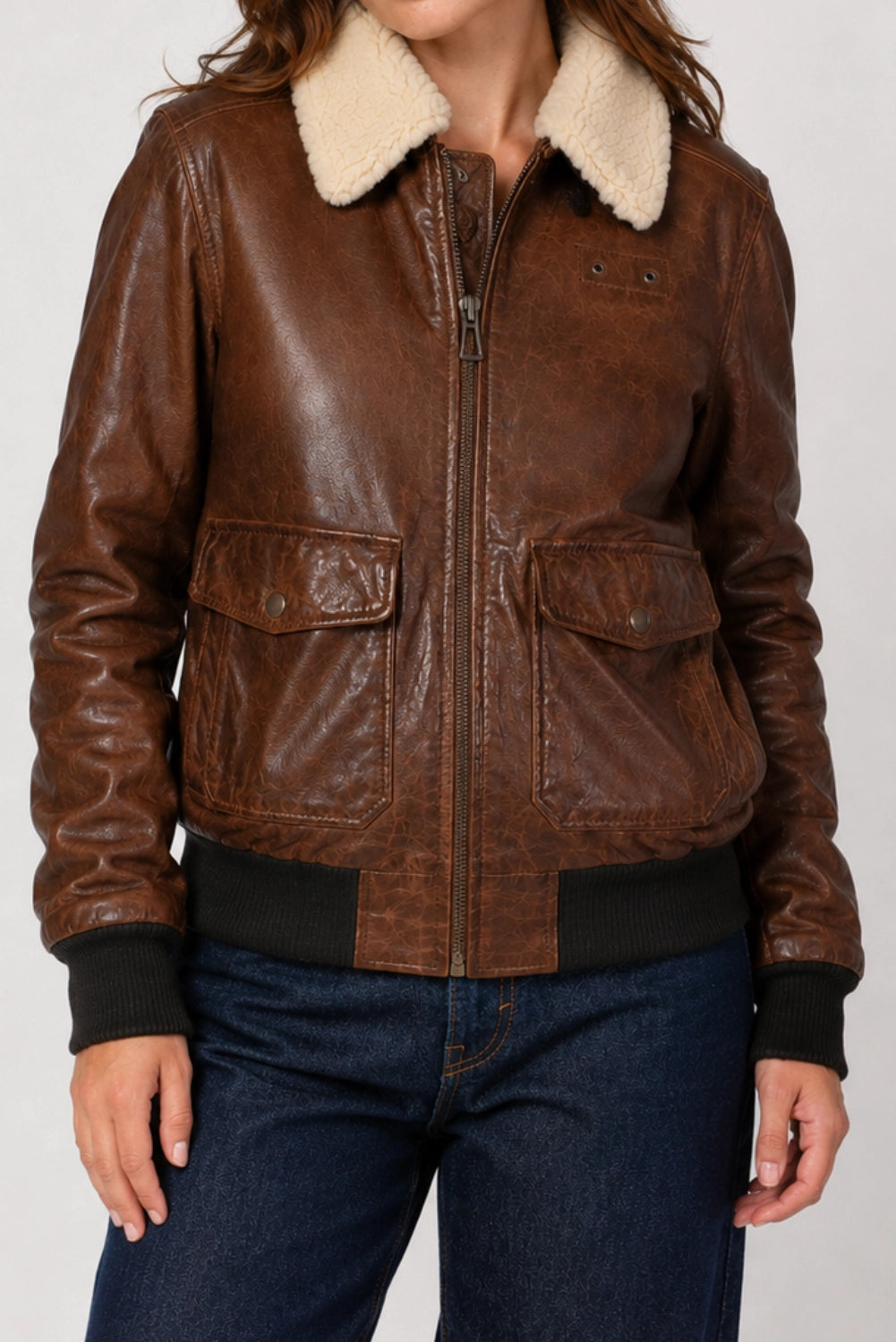 Sarah Brown Aviator Leather Bomber Jacket