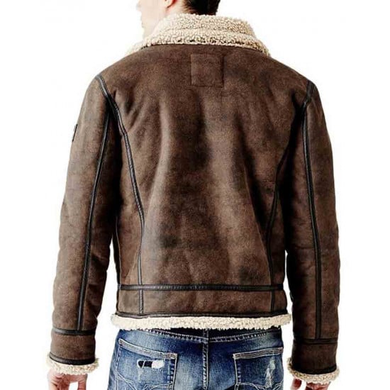 Mens Brown Shearling Flying Bomber Leather Jacket