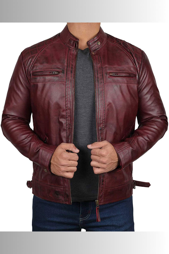 Henrik Burgundy Leather Biker Jacket