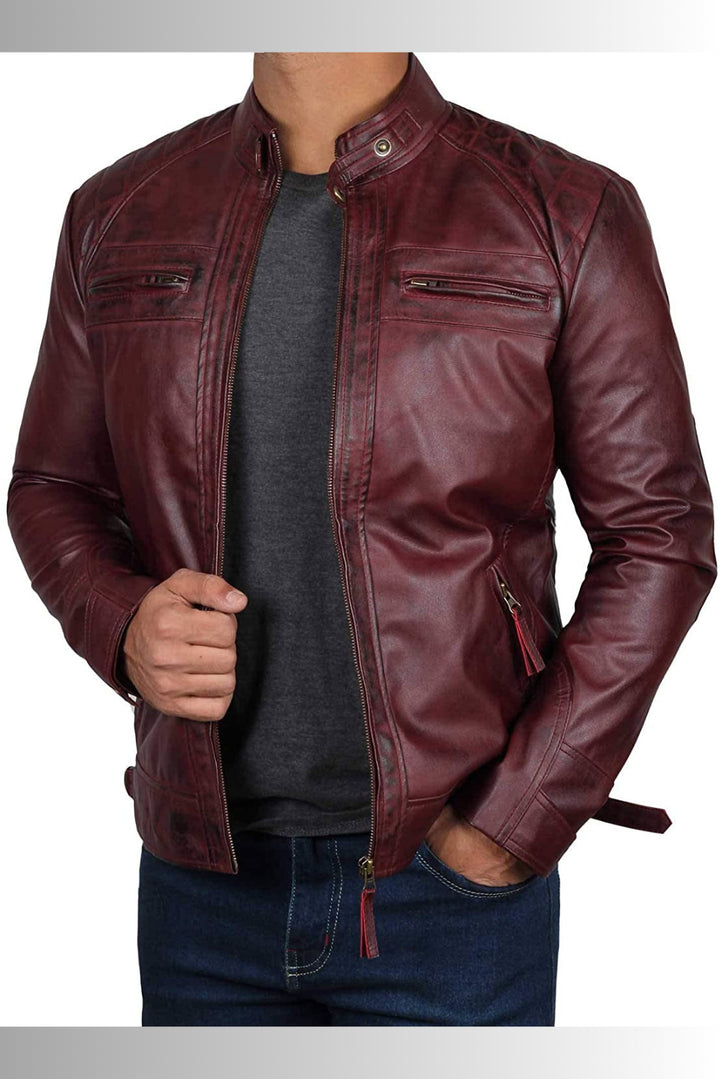 Henrik Burgundy Leather Biker Jacket