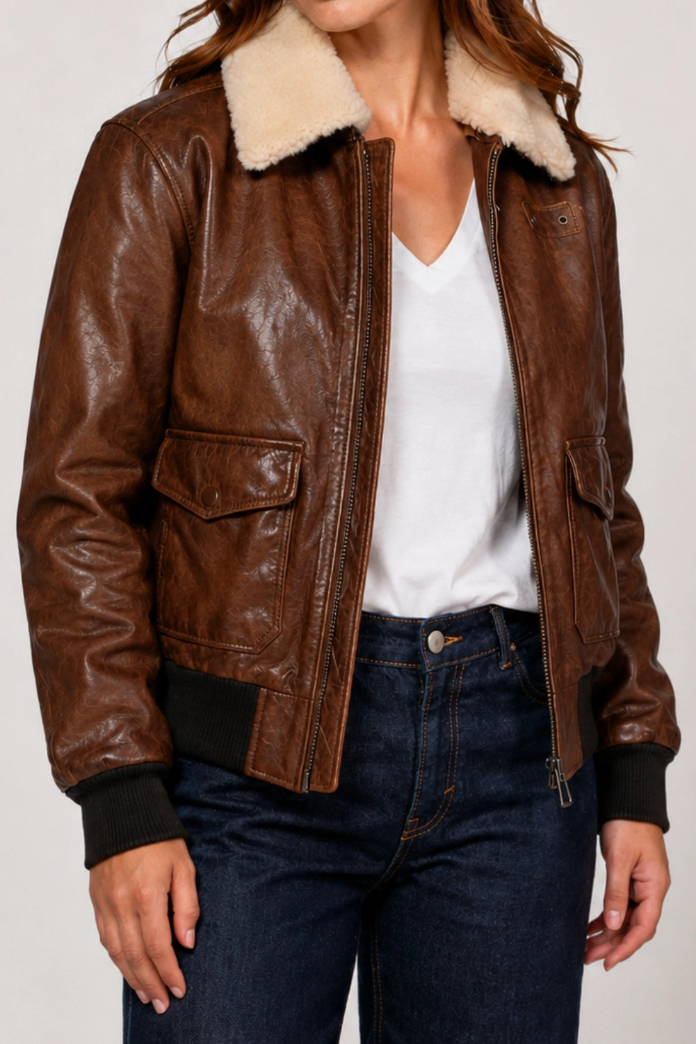 Sarah Brown Aviator Leather Bomber Jacket