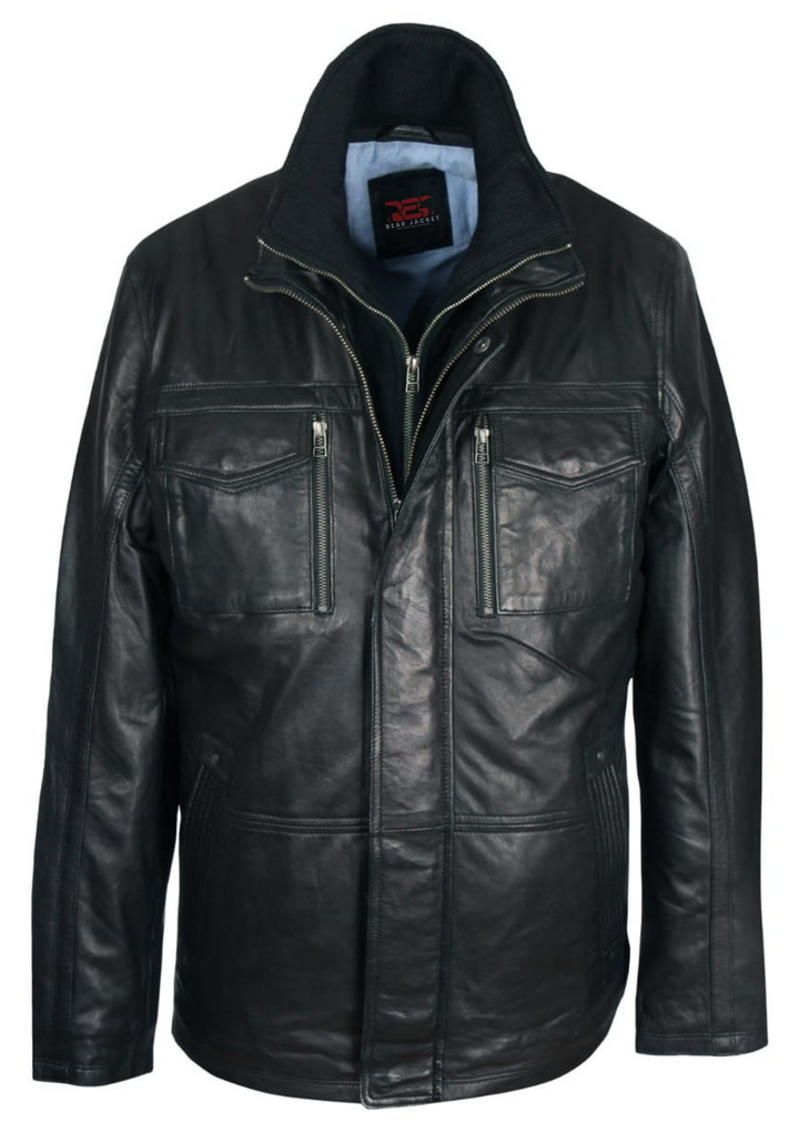 Men's Beautiful Red Bear Jacket Designer Long Three Quarter Black Leather Jacket