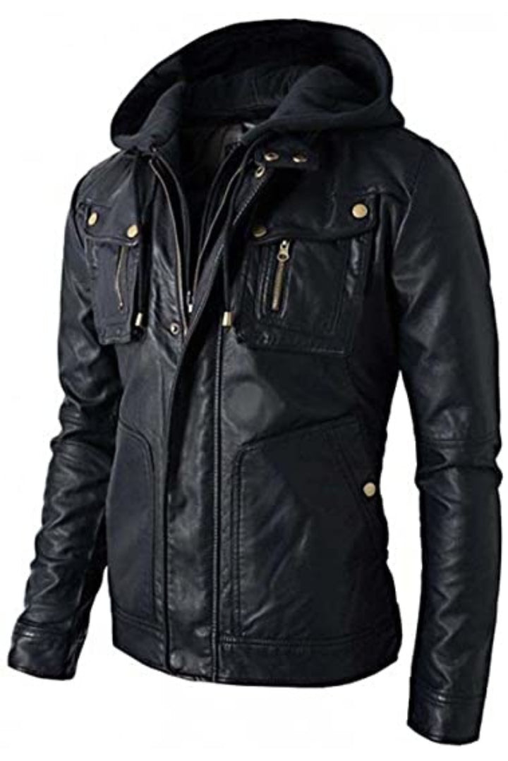 leather jacket with hood
