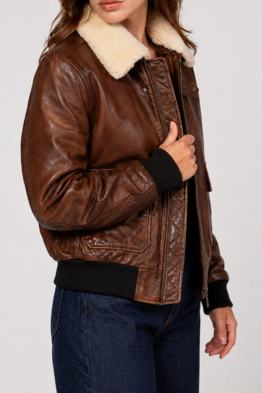 Sarah Brown Aviator Leather Bomber Jacket