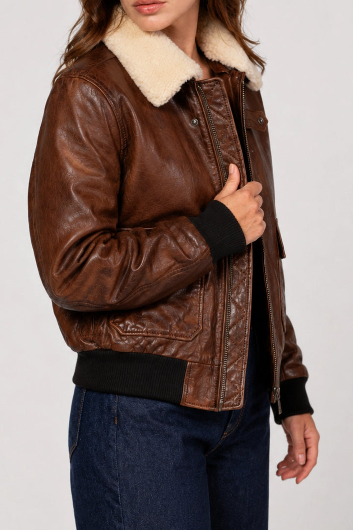 Sarah Brown Aviator Leather Bomber Jacket