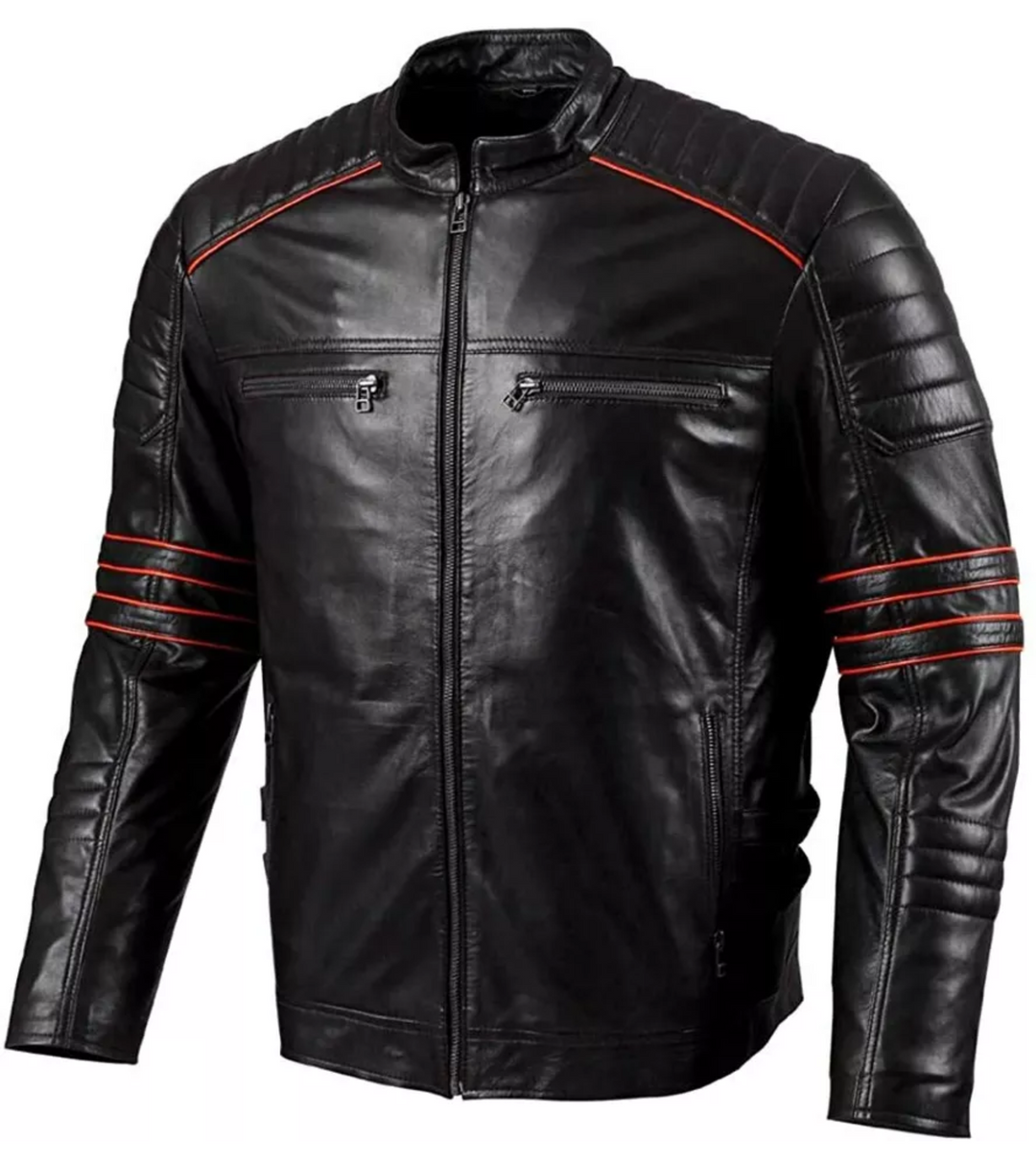 mens black leather jacket with red stripe