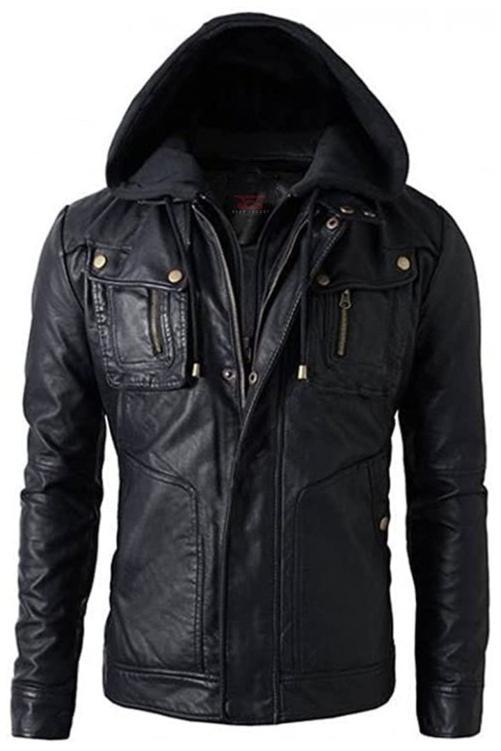 mens leather jacket with hood