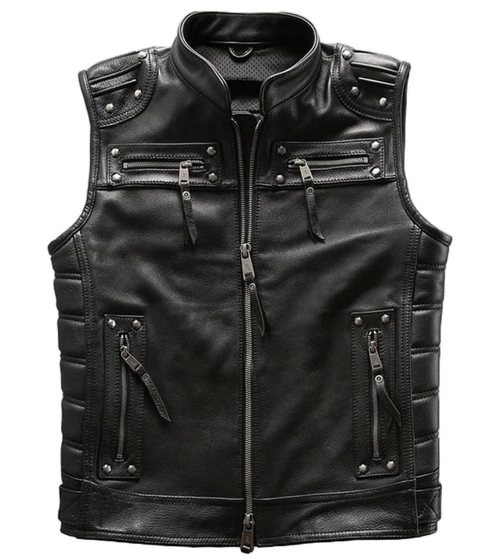 Men's Black Motorcycle Leather Vest