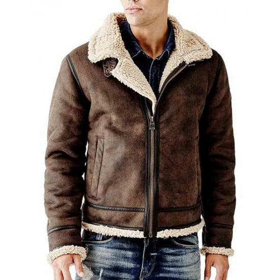 Mens Brown Shearling Flying Bomber Leather Jacket