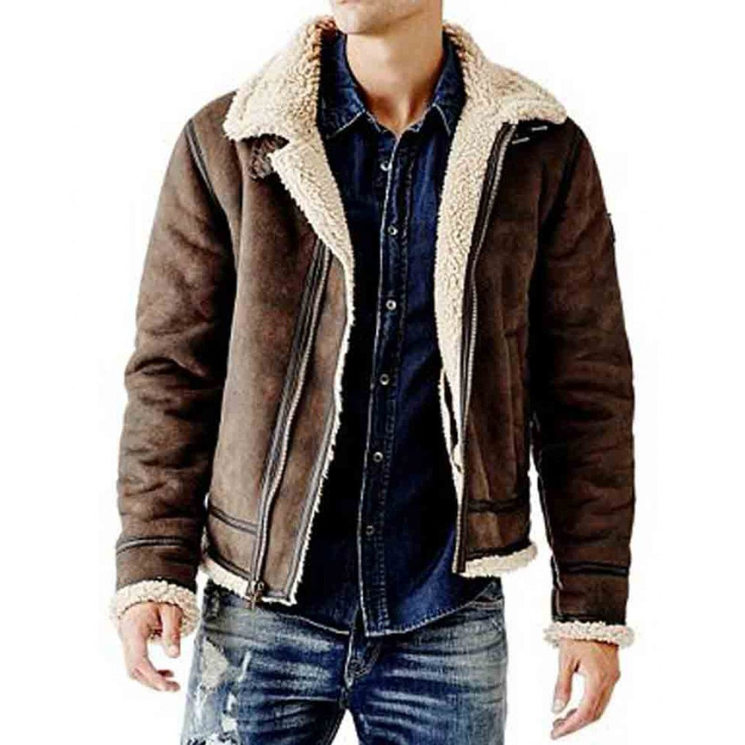 Mens Brown Shearling Flying Bomber Leather Jacket