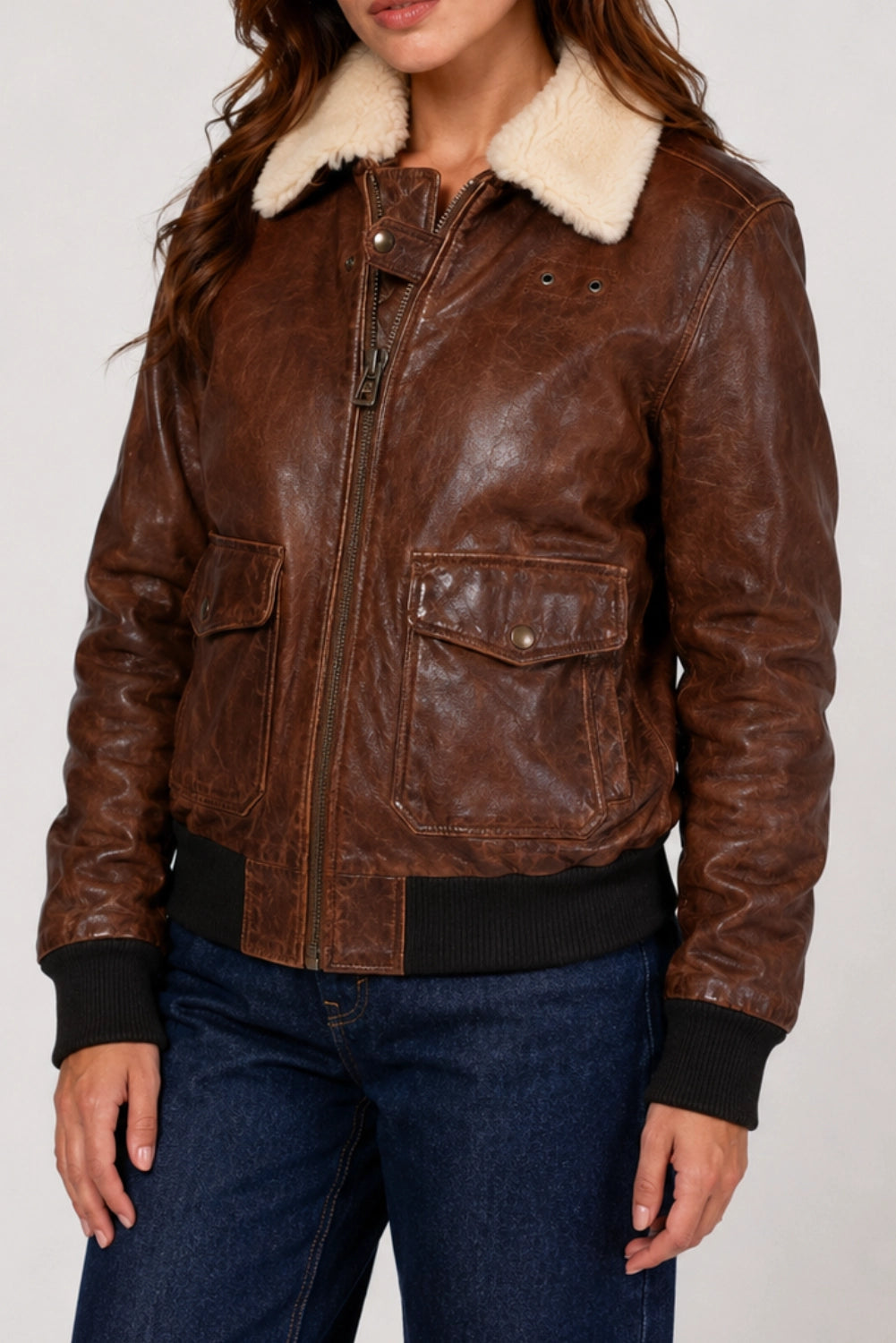 Sarah Brown Aviator Leather Bomber Jacket