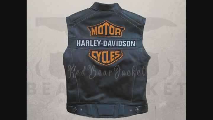 Men's H-D Triple Vent Passing Link Real Cowhide Motorcycle Leather Vest With Fully White And Orange Embroidered Patches