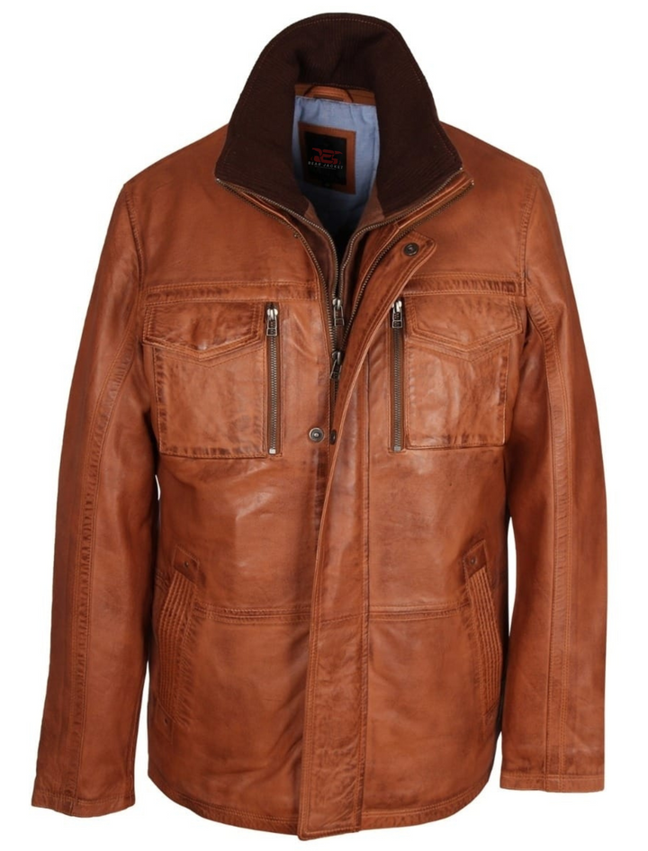 Men's Beautiful Red Bear Jacket Designer Long Three Quarter Cognac Leather Jacket