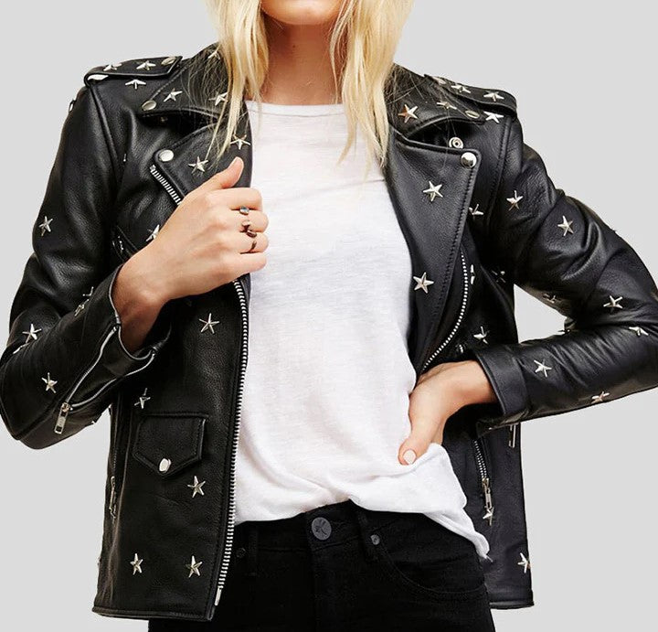 Womens Real Handmade Leather Jacket-Leather Jacket Womens-Star Studded Leather Jacket-Stars Leather Jacket-Women Leather Jacket-Black Jacket