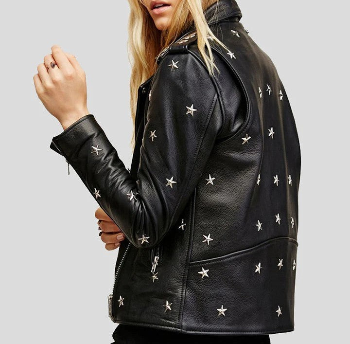 Womens Real Handmade Leather Jacket-Leather Jacket Womens-Star Studded Leather Jacket-Stars Leather Jacket-Women Leather Jacket-Black Jacket