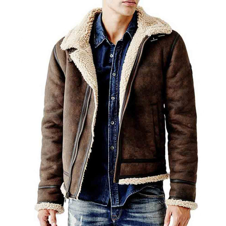 Mens Brown Shearling Flying Bomber Leather Jacket