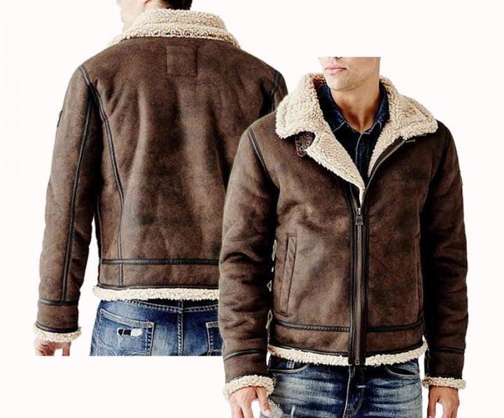 Mens Brown Shearling Flying Bomber Leather Jacket